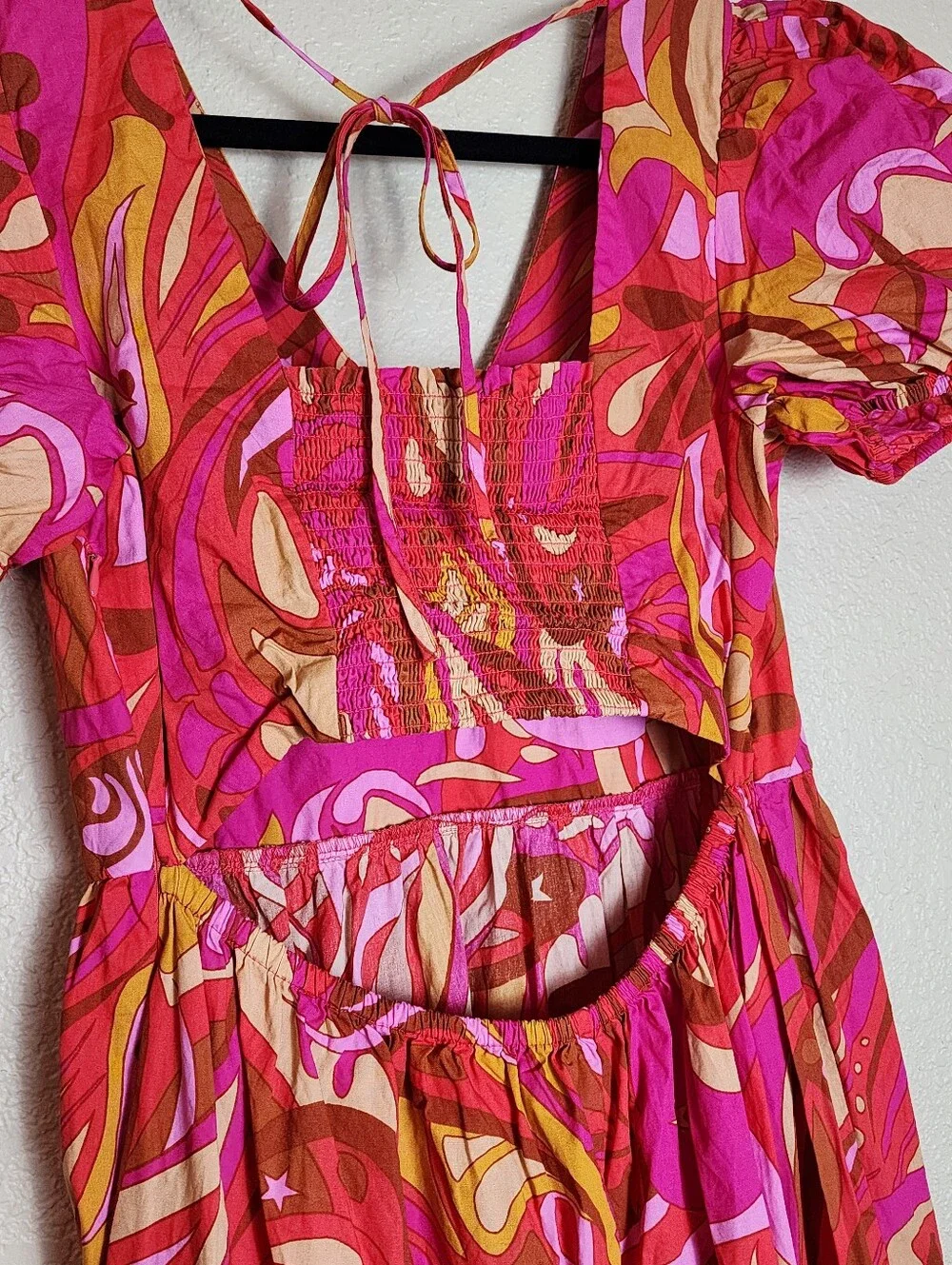 1. STATE Pink Abstract Print Open Back Midi Dress | Puff Sleeve Cotton | Medium - Picture 7 of 10